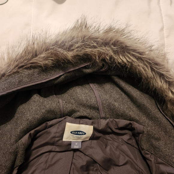 Old Navy Coat Jacket Toggle Button Women Medium Gray Faux Fur Hood Wool Blend - Picture 7 of 8